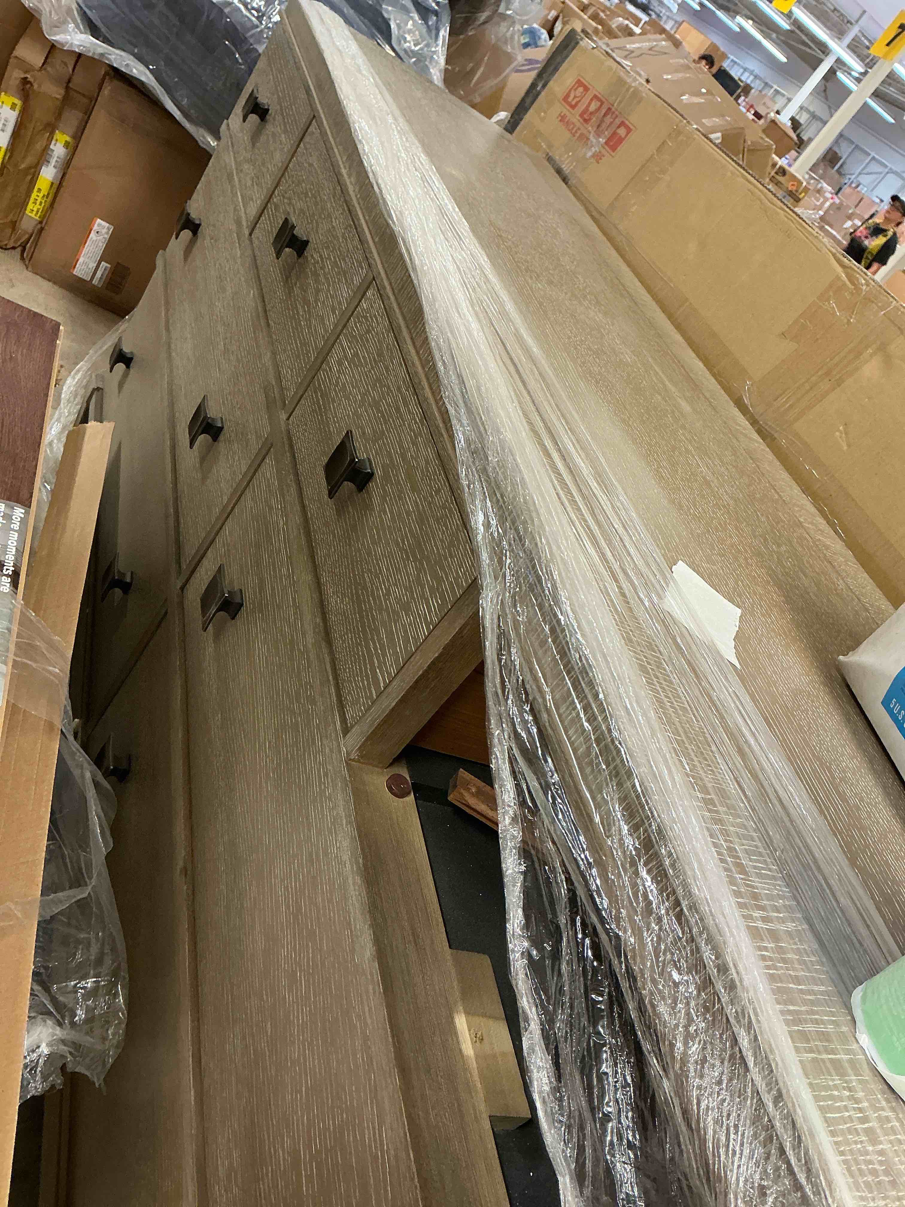 Condition photo showing As Is for marceline gray oak dresse  ( a drawer is missing)