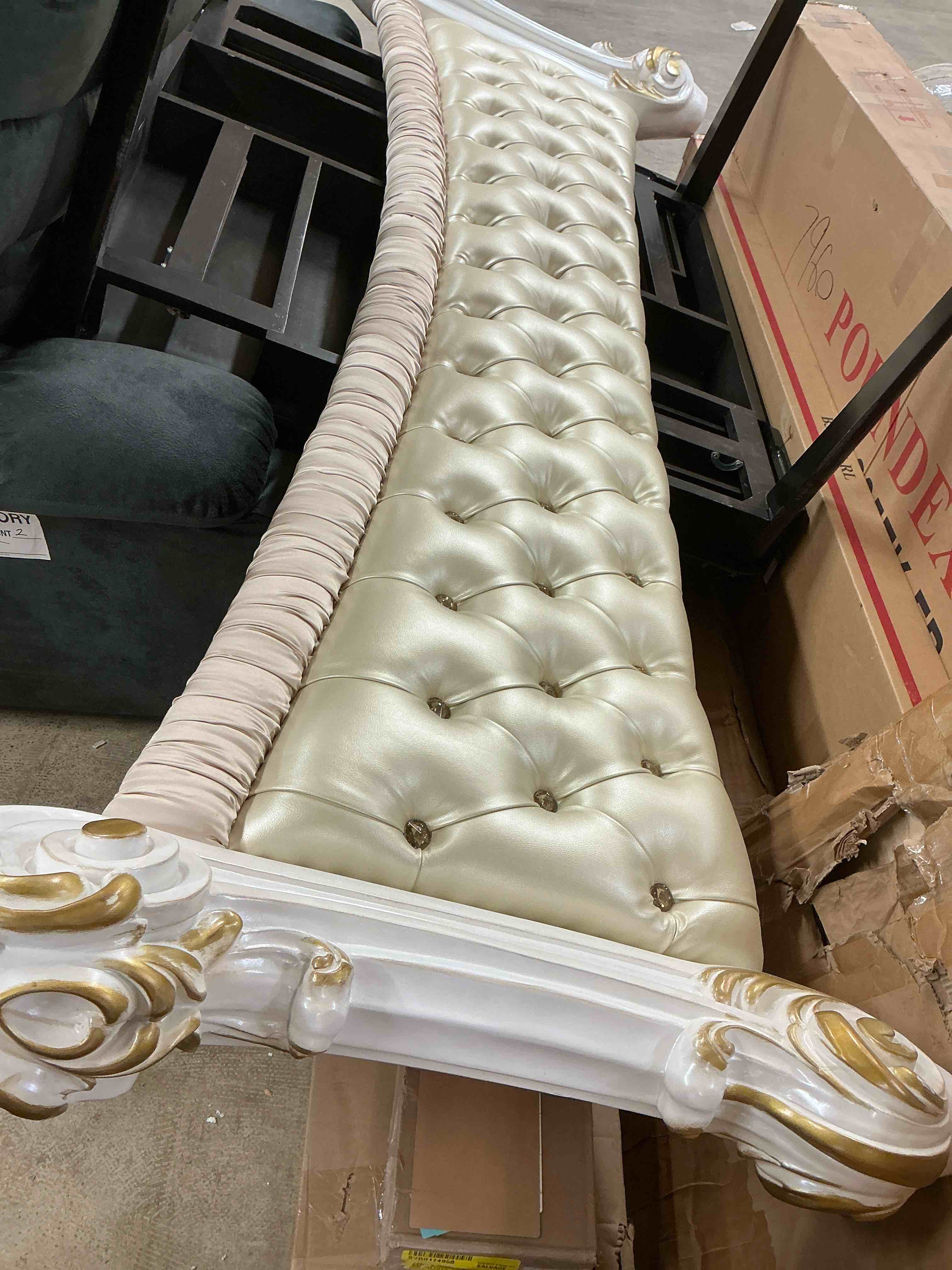 Condition photo showing Good Condition for pemberly row king size bed, ivory faux leather upholstery, victorian rococo carved wood frame, antique pearl white finish, button-tufted headboard, low-profile footboard, regal master bedroom (incomplete footboard and rails)