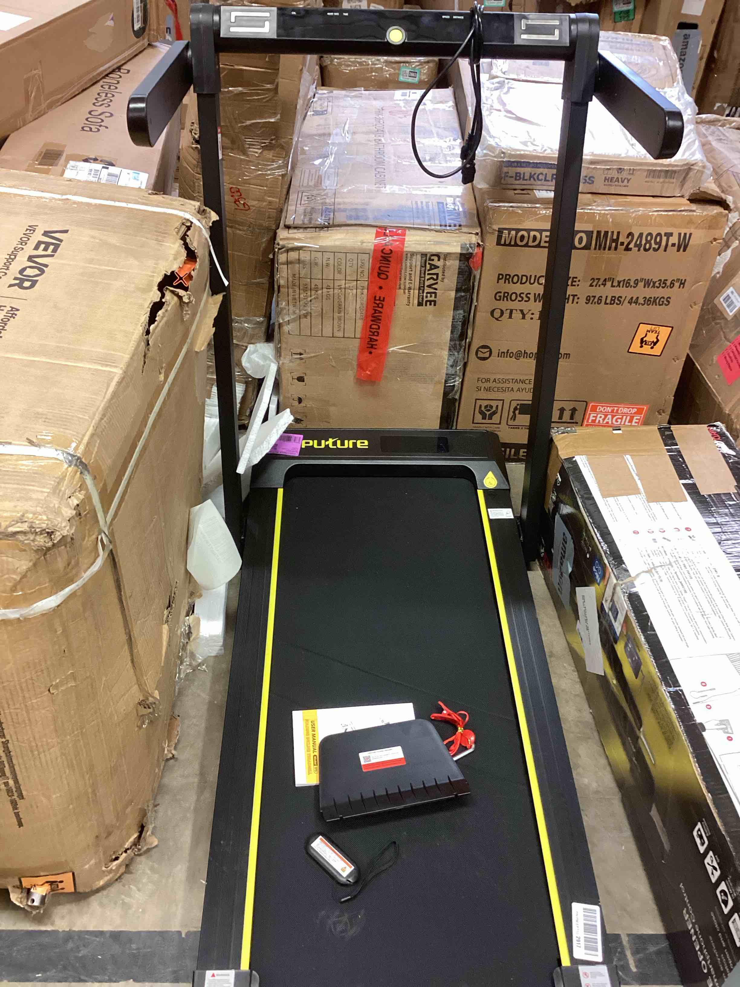 Condition photo showing As Is for toputure walking pad treadmill with 12% incline, 4 in 1 foldable treadmill with handle bar for home/office, under desk treadmills portable folding walking pad with app & bluetooth speaker, 0.6-10mph