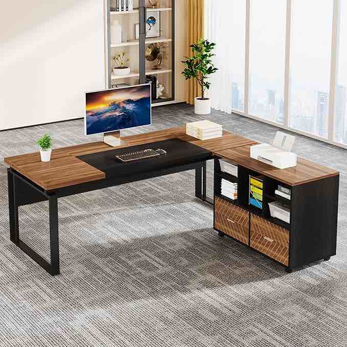 tribesigns l-shaped executive desk with reversible file cabinet, 63" office desk with storage drawers, l-shaped computer desk with drawer cabinet for hanging letter size files (walnut & black) (incomplete) (box #1 only)
