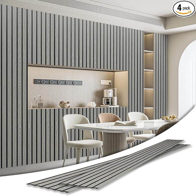 art3d 4-pack glue-on six-grid wainscoting panel for interior wall decor - 104 x 12 inch polystyrene ultralight slim slat wall panels for living room bedroom, grey