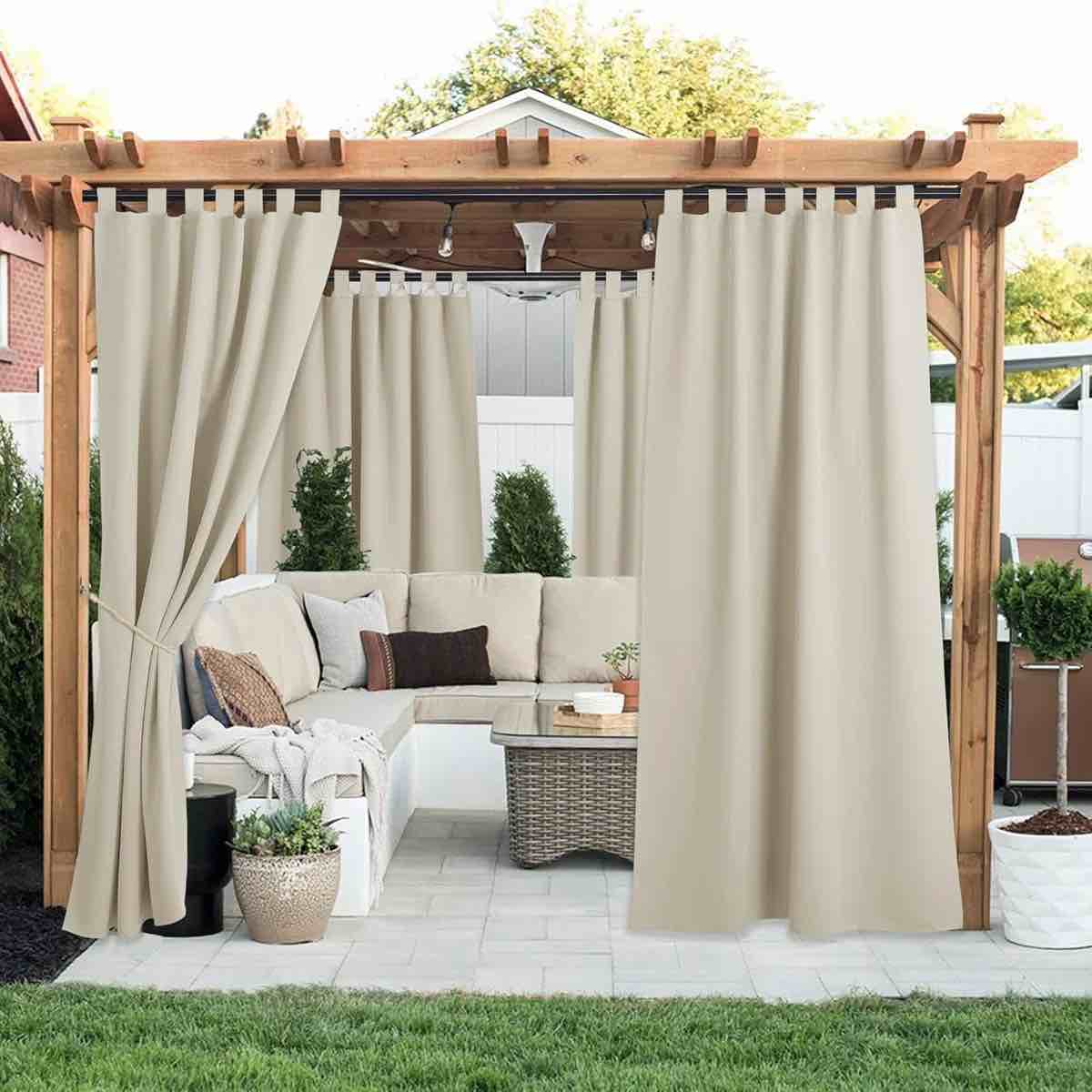 2 panels outdoor curtains for patio waterproof, thermal insulated detachable sticky tab top room darkening great vertical drape outdoor divider for pergola