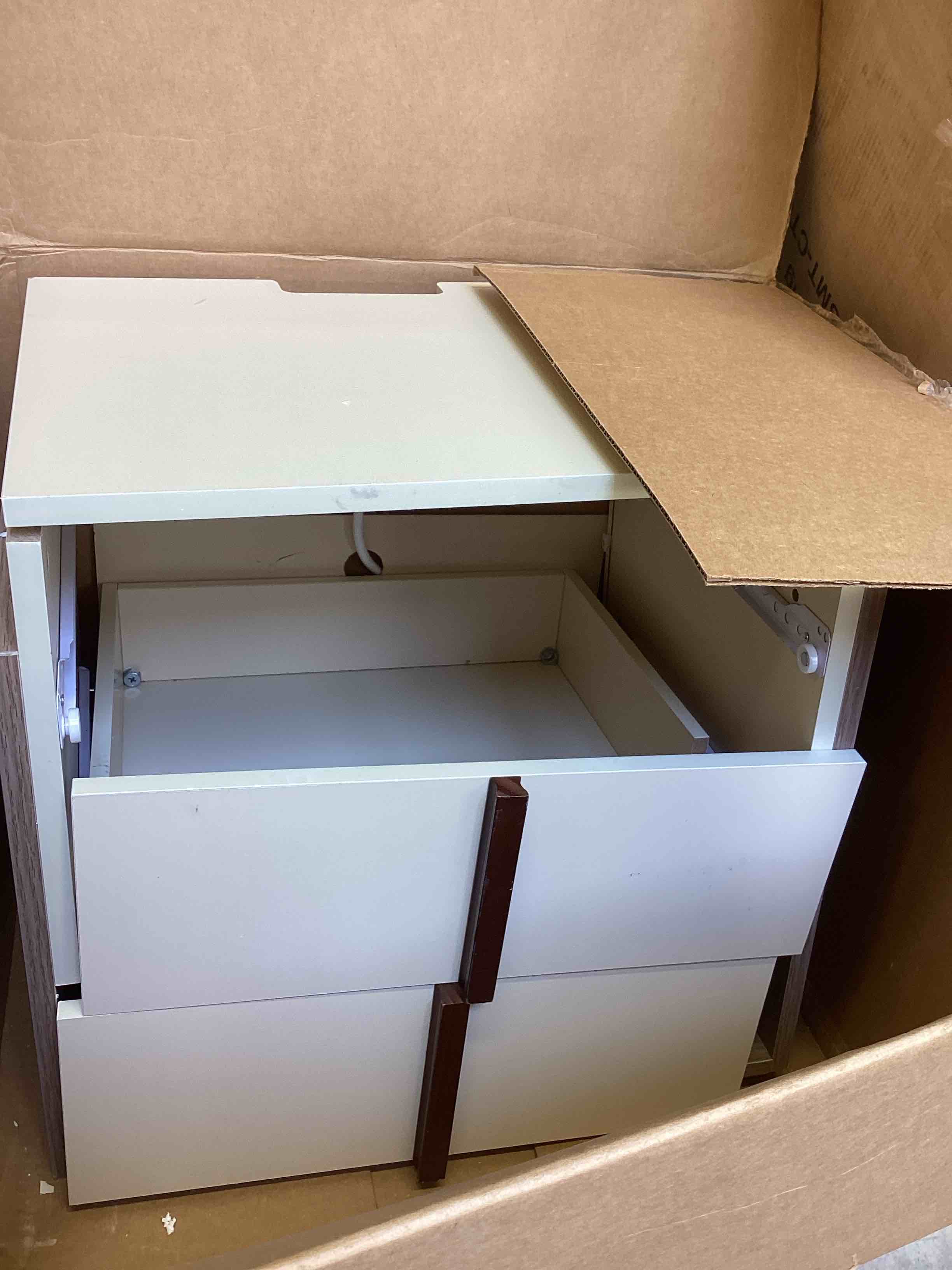 Condition photo showing As Is for modern mcm nightstand with charging station, 20" 2-drawer bedside table,usb port