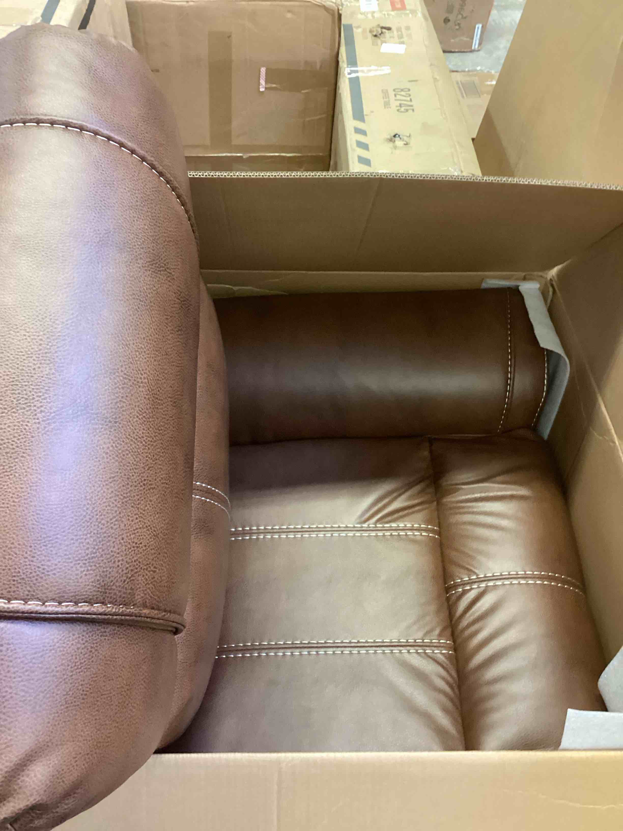 Condition photo showing Good Condition for faux leather recliner loveseat sofa, manual reclining couch, mid-century modern 2-seater chair with handy cup holders and storage space, for living room, meeting room, brown (incomplete one box only)