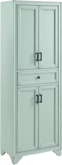 crosley furniture tara pantry storage cabinet with shelves, kitchen, dining, or laundry room, distressed seafoam blue