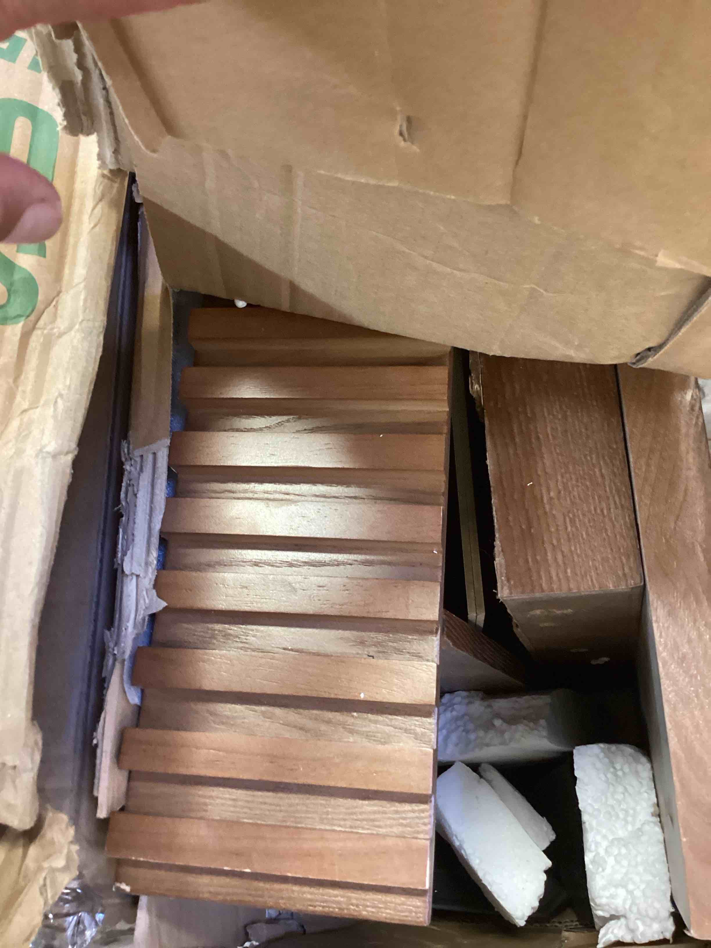 Condition photo showing As Is for modern 2-drawer fluted console table, natural wood veneer over mdf - walnut finish for living room, hallway, entryway, home office