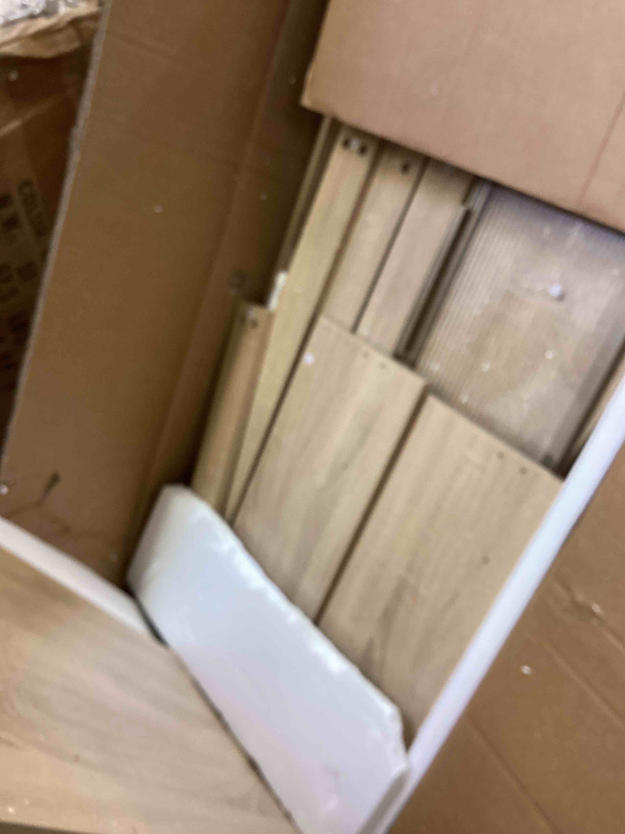 Condition photo showing Good Condition for 36" single bathroom vanity in natural wood with ceramic top, visible cabinet door and drain included– (incomplete one box only)