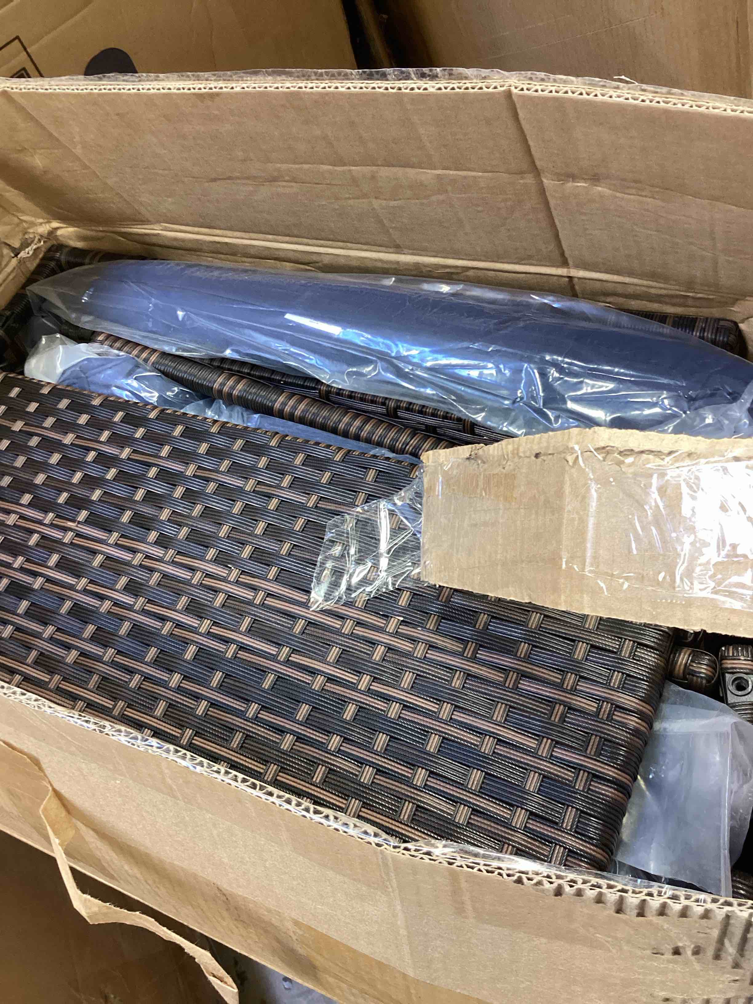 Condition photo showing Good Condition for 7 pieces patio furniture sets, wicker outdoor sectional sofa couch with coffee table, patio conversation set for deck backyard garden, brown rattan, navy blue cushion (incomplete one box only)