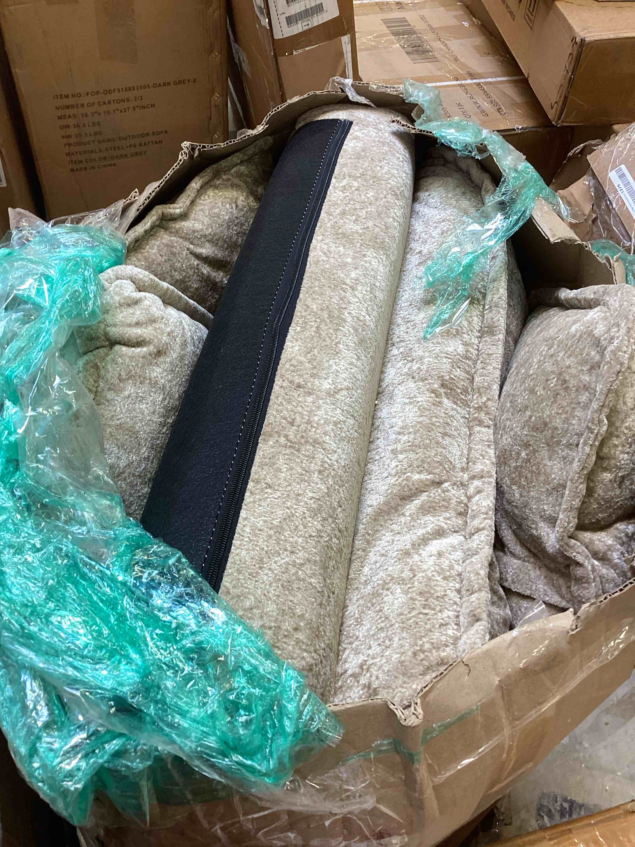 Condition photo showing Good Condition for chenille upholstered sofa with ottoman, cloud-like modular sectional couch with wooden legs (incomplete one box only)