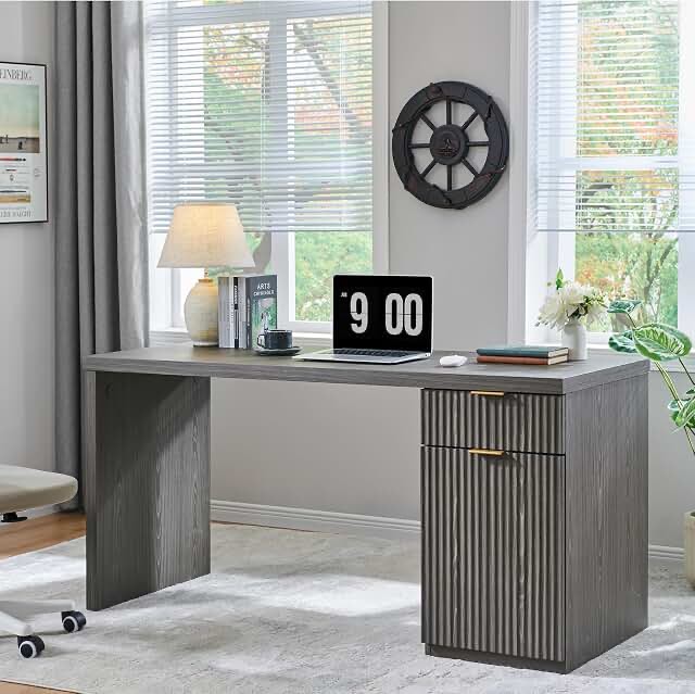 jxqtlingmu 60" modern executive desk with storage, wood home office desk with drawer & cabinet, fluted computer writing desk for study, work, living room, bedroom, grayish green