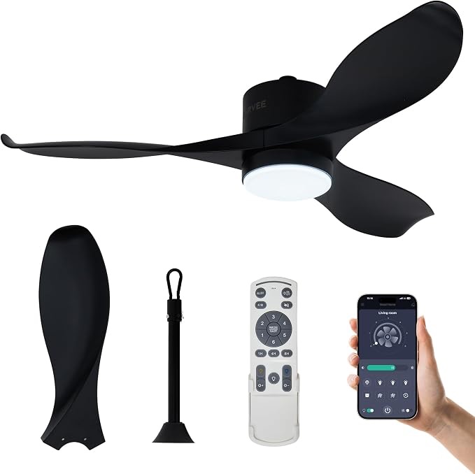 52 inch flush mount ceiling fan with light and remote - reversible dc motor, low-profile, indoor & outdoor use for patio bedroom farmhouse - black