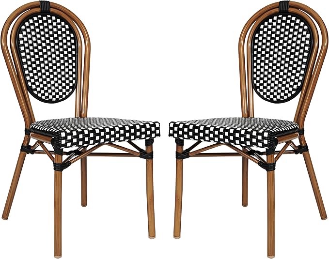flash furniture lourdes indoor/outdoor commercial thonet bistro stack chair - black/white pe rattan back and seat - natural bamboo print metal frame - 2 pk - chairs