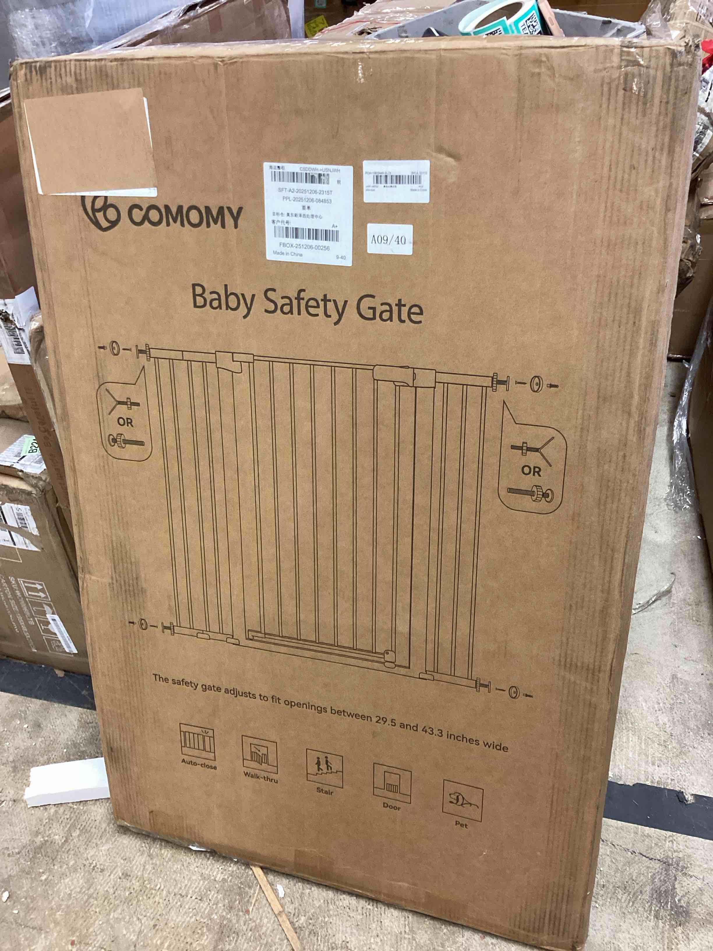 Condition photo showing New/Like New for comomy 42" extra tall baby gate for stairs doorways, fits openings 29.5" to 43.3" wide, auto close sturdy safety dog gate for house, pressure mounted easy walk through pet gate with door, black