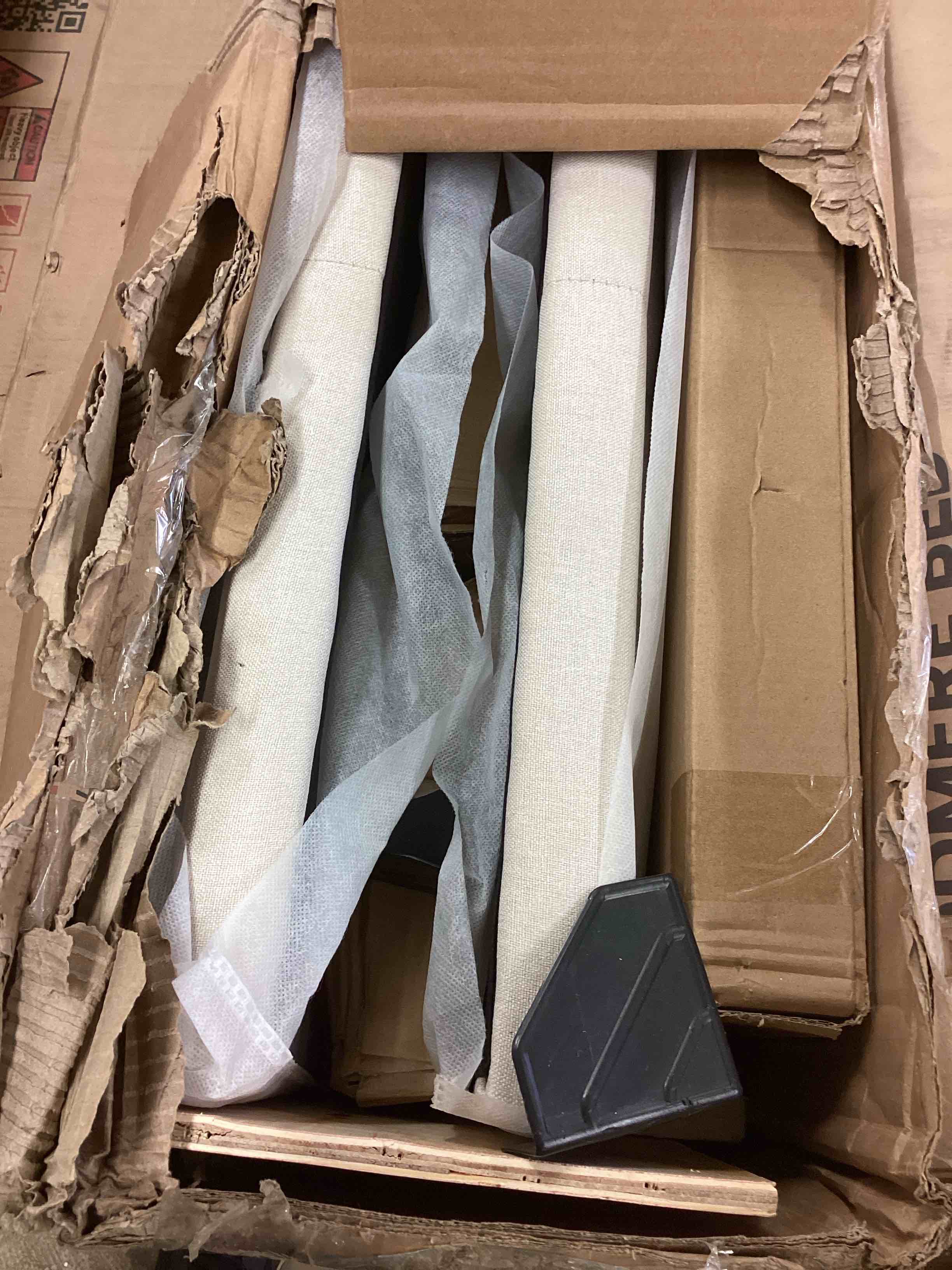 Condition photo showing Good Condition for upholstered queen bed, beige (incomplete one box only)