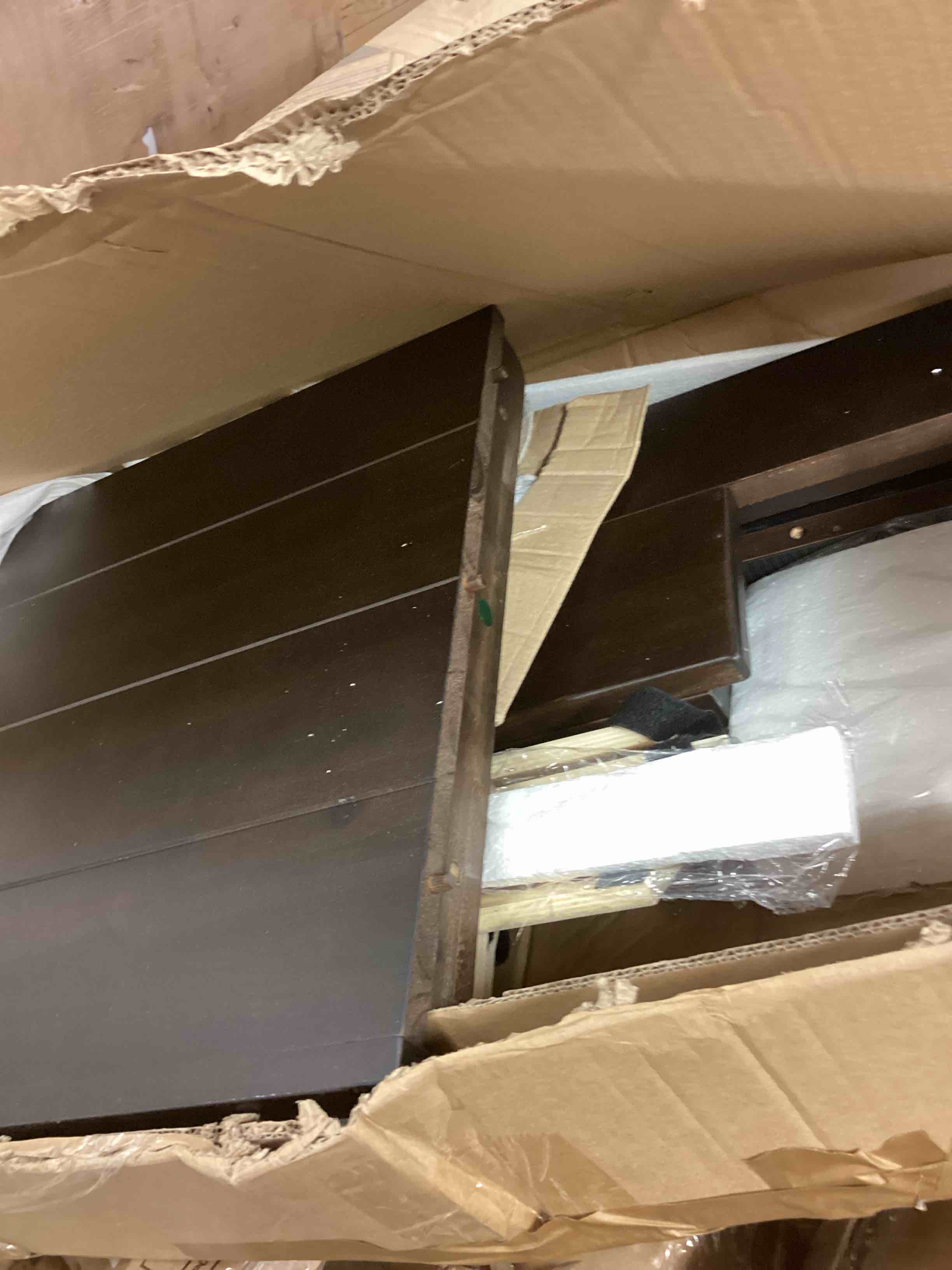 Condition photo showing As Is for bowery hill store bowery hill full platform bed, espresso finish, poplar and rubberwood construction, mission style, modern design for bedroom or guest room