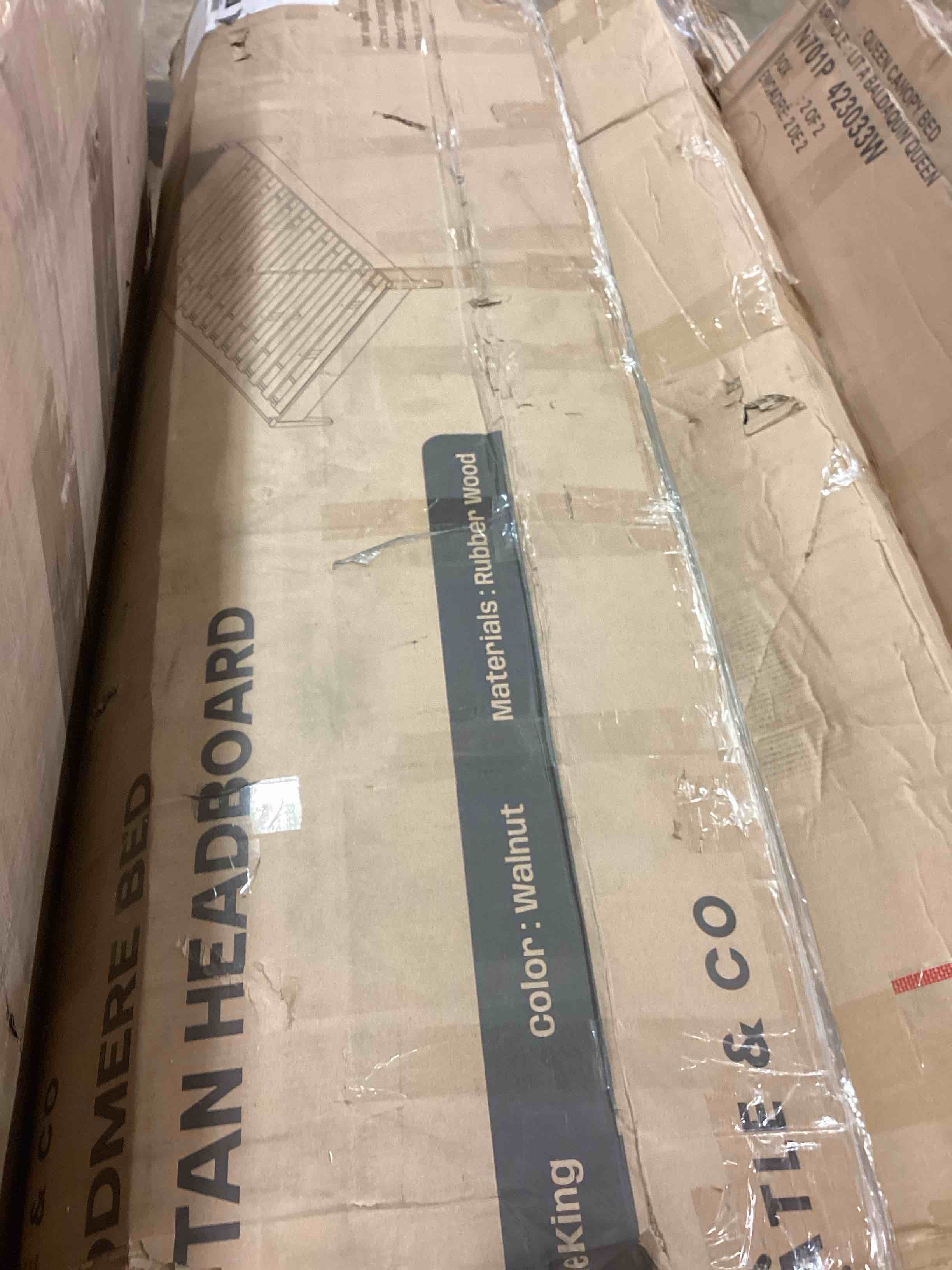 Condition photo showing Good Condition for natle & co woodmere premium king size bed frame with rattan headboard, solid wood platform bed, tapered solid wood legs, no box spring needed, mid-century modern style, easy assembly (walnut) (incomplete one box only)