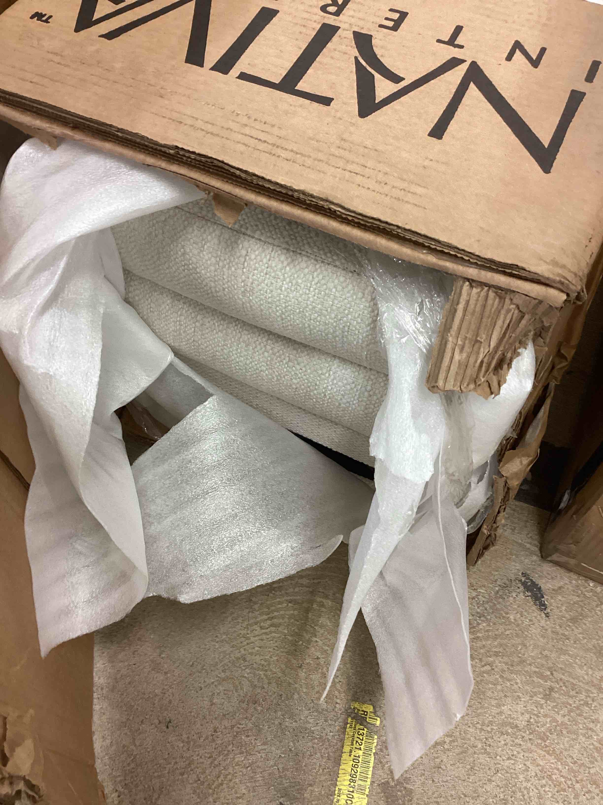 Condition photo showing Good Condition for nativa interiors moyra plain upholstered bed with medium headboard in off white fabric moyra collection (incomplete one box only)
