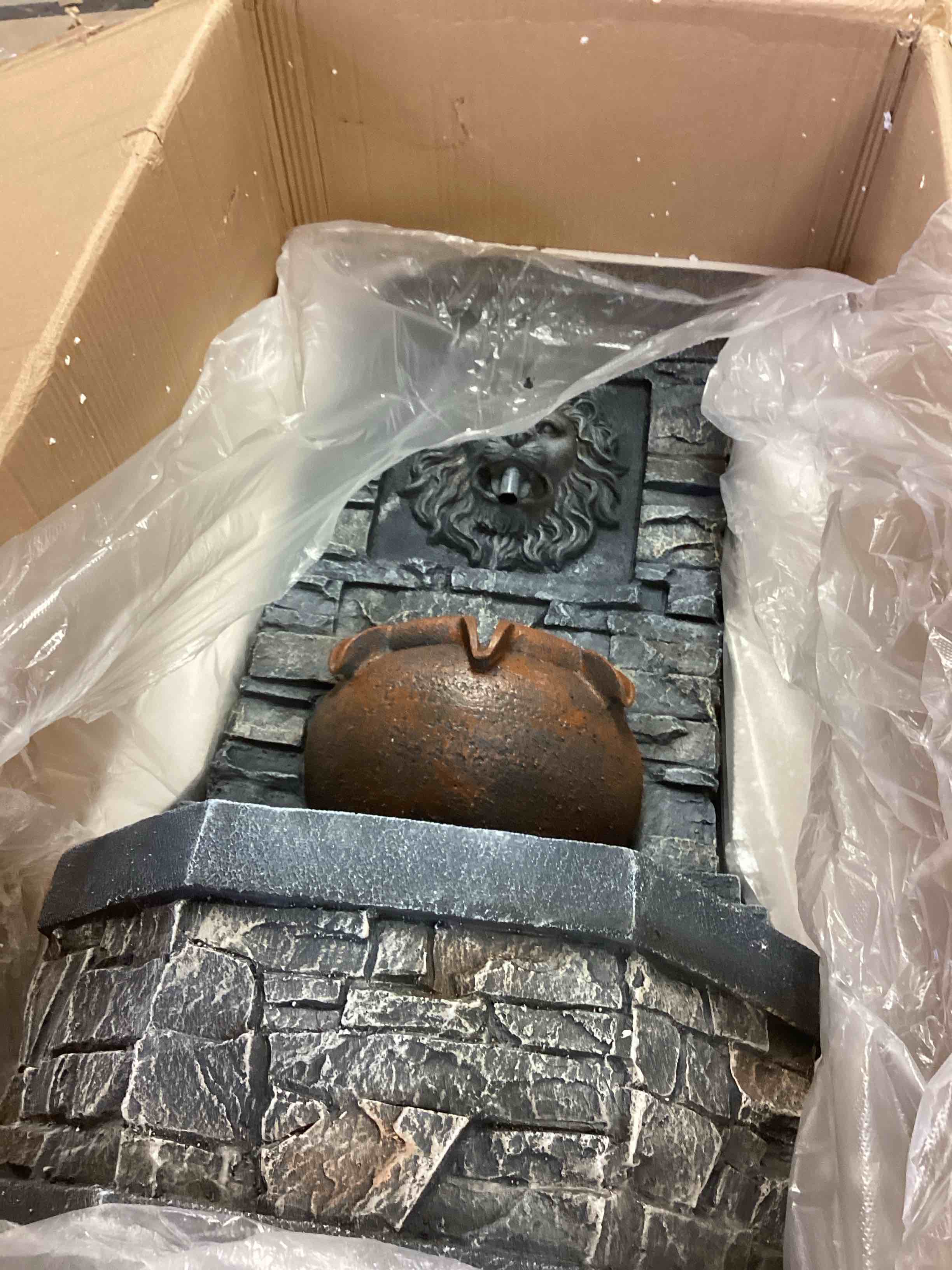 Condition photo showing New/Like New for 32.28'' outdoor garden floor-standing water fountain lion head stone with lights outdoor waterfall for patio, backyard, deck, porch and home art decor