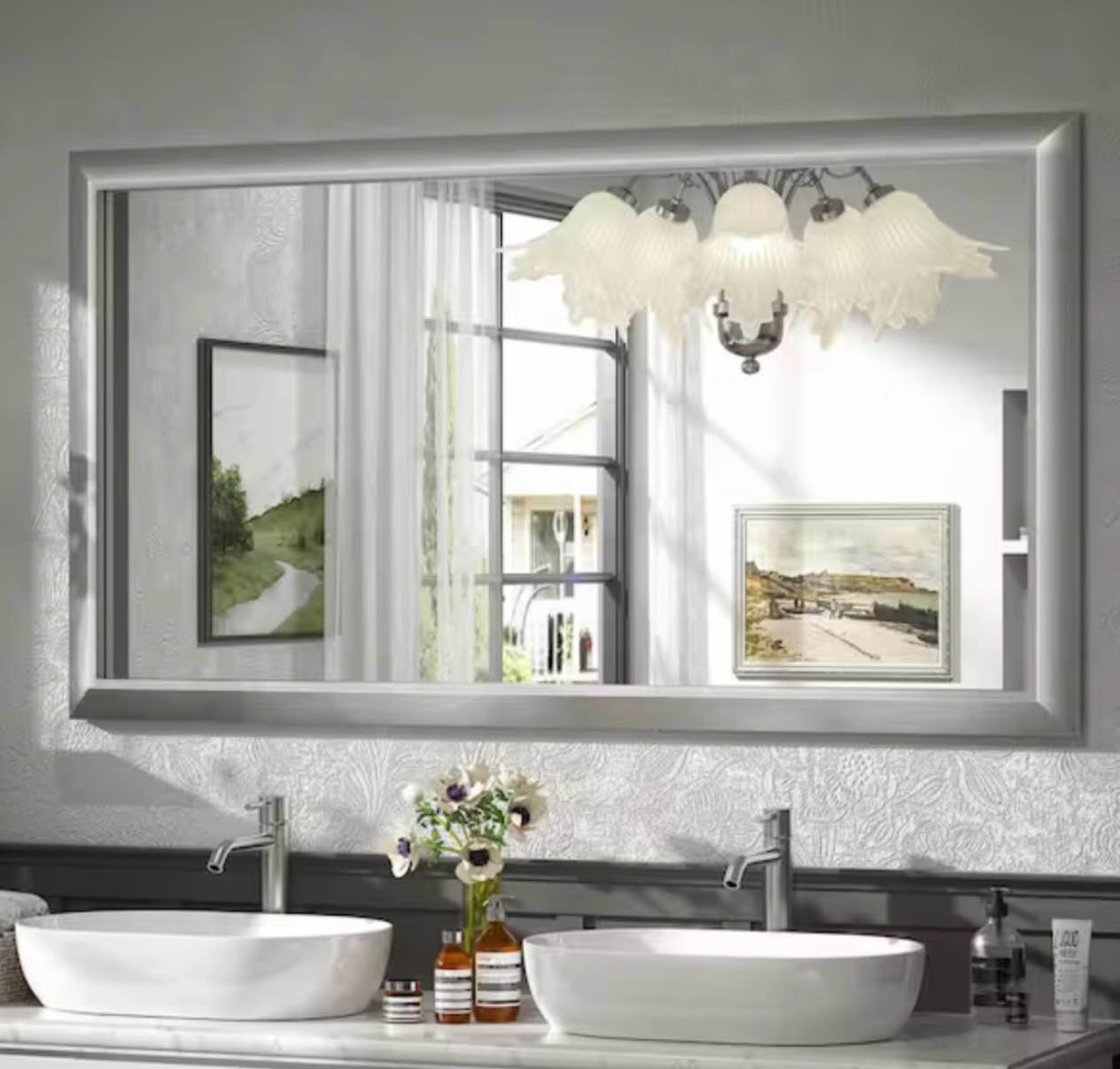 55 in. w x 30 in. h rectangular aluminum alloy framed and tempered glass wall bathroom vanity mirror in brushed silver