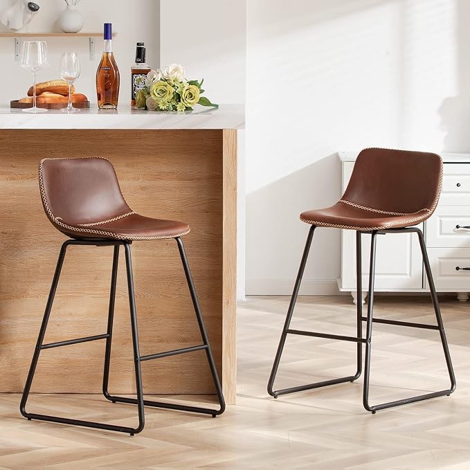 heugah bar stools set of 2,faux leather counter height bar stools,dining room chairs with metal legs & soft backrest easy to assemble