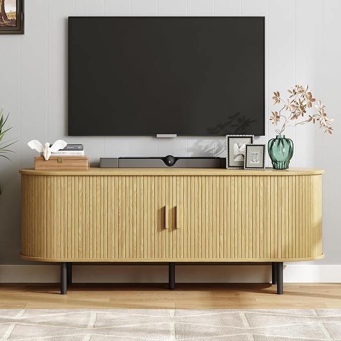 onbrill 55" tv stand with power outlet for tvs up to 60 inch, entertainment center with storage and adjustable shelves, modern media console with sliding doors for living room, oak