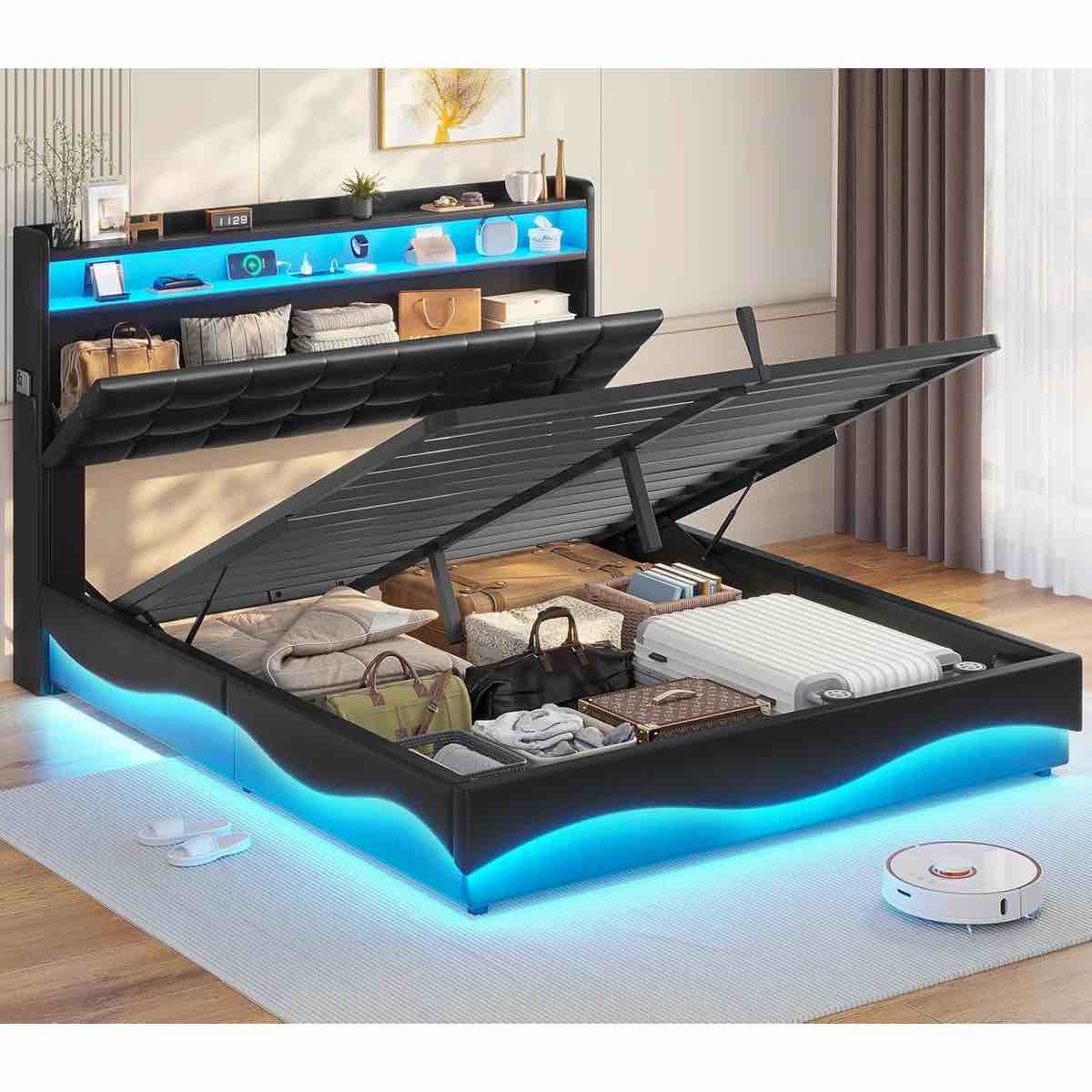 lift up storage bed frame with charging station and hidden storage headboard, led lights upholstered platform bed with hydraulic storage (incomplete one box only)