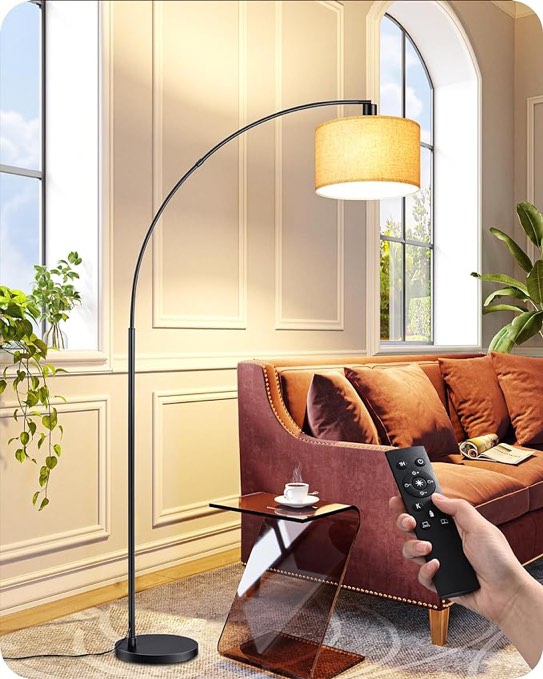 edishine 78.3? modern arc floor lamp with remote, tall black standing lamp with stepless dimmable bulb & 5 color temperature, curved mid century floor lamps for living room, bedroom, nursey