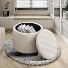 faux leather round storage ottoman with tray, white