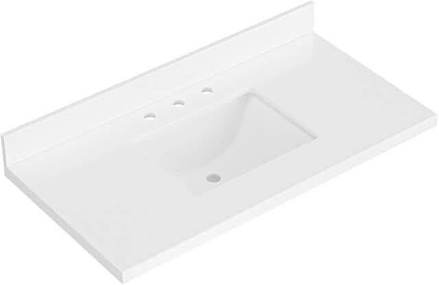 ariel 43 inch bathroom vanity top with sink, 1.5 inch thick miter edge white quartz top, rectangle single porcelain sink, includes backsplash