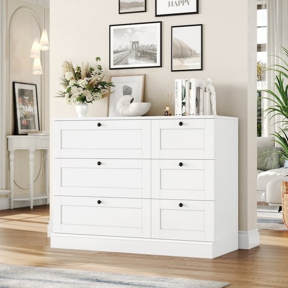 6 drawer white dresser for bedroom, wood chest of drawers, storage cabinet for living room