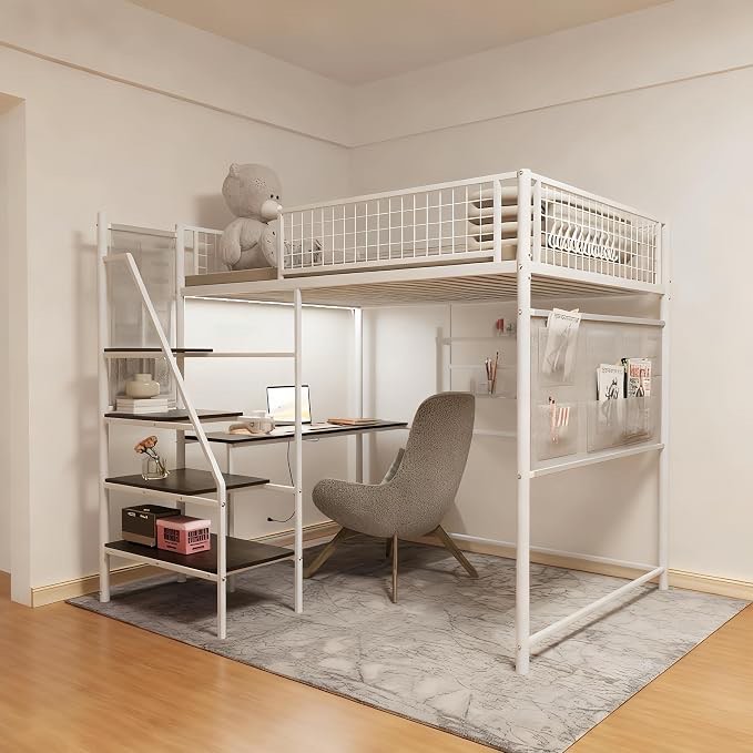 full size loft bed with stairs and desk, heavy duty metal loft bed frame with charging station for small bedroom, dormitory, apartment, noise free, white (incomplete one box only)