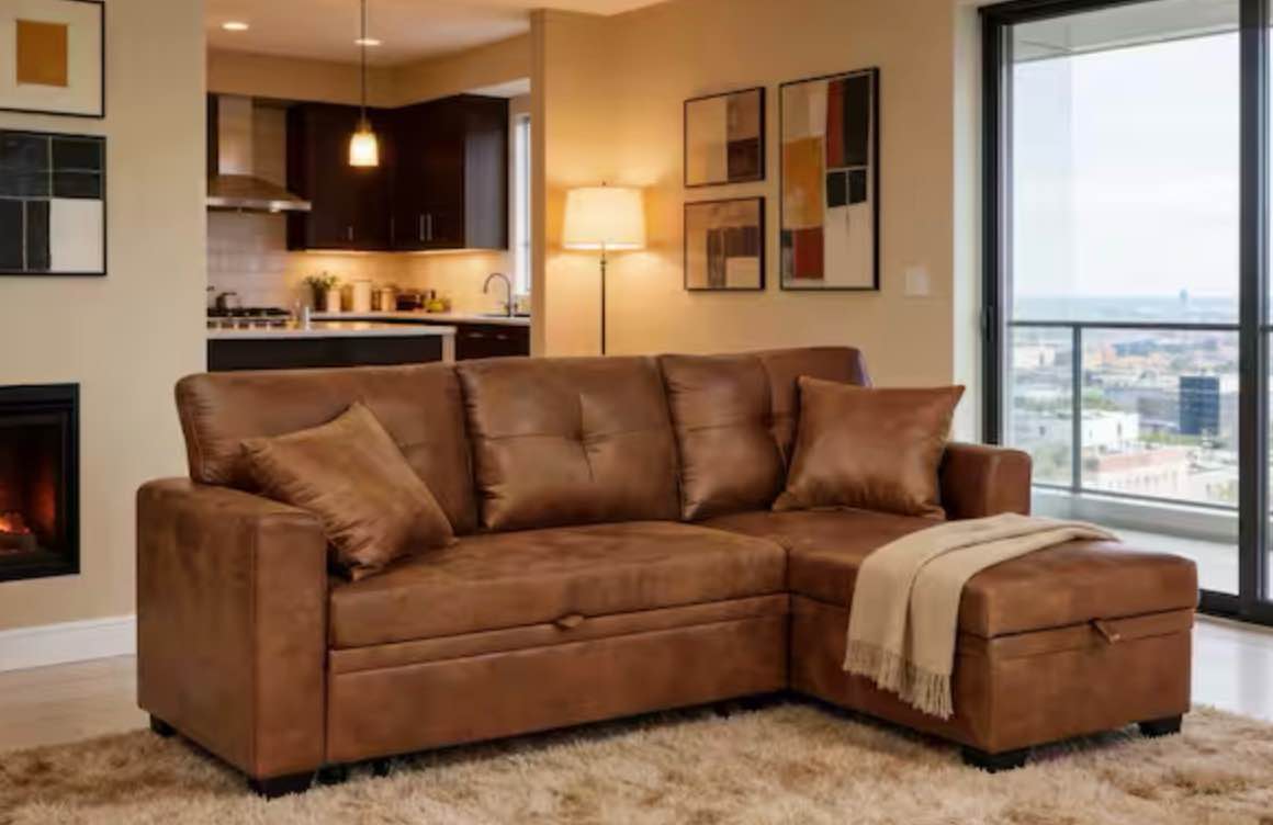HOMEFUN 76.5 in. Modern Brown Foil Fabric Pull-Out L-Shaped Twin Size Sofa Bed with Storage