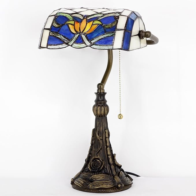 banker lamp tiffany - lotus style computer lamp, blue glass table lamp, 15 inch high adjustable memory piano lamp, small luxury lamp for living room and bedroom (similar)