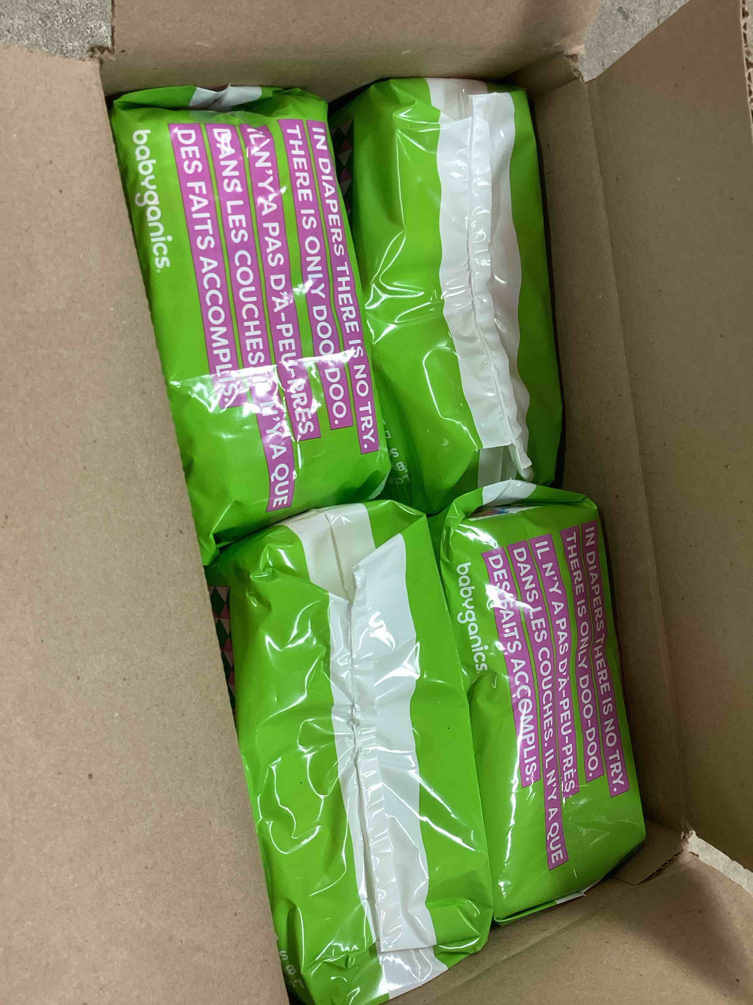 Condition photo showing New/Like New for babyganics size 1, 160 count, absorbent, breathable, triple dry protection diapers