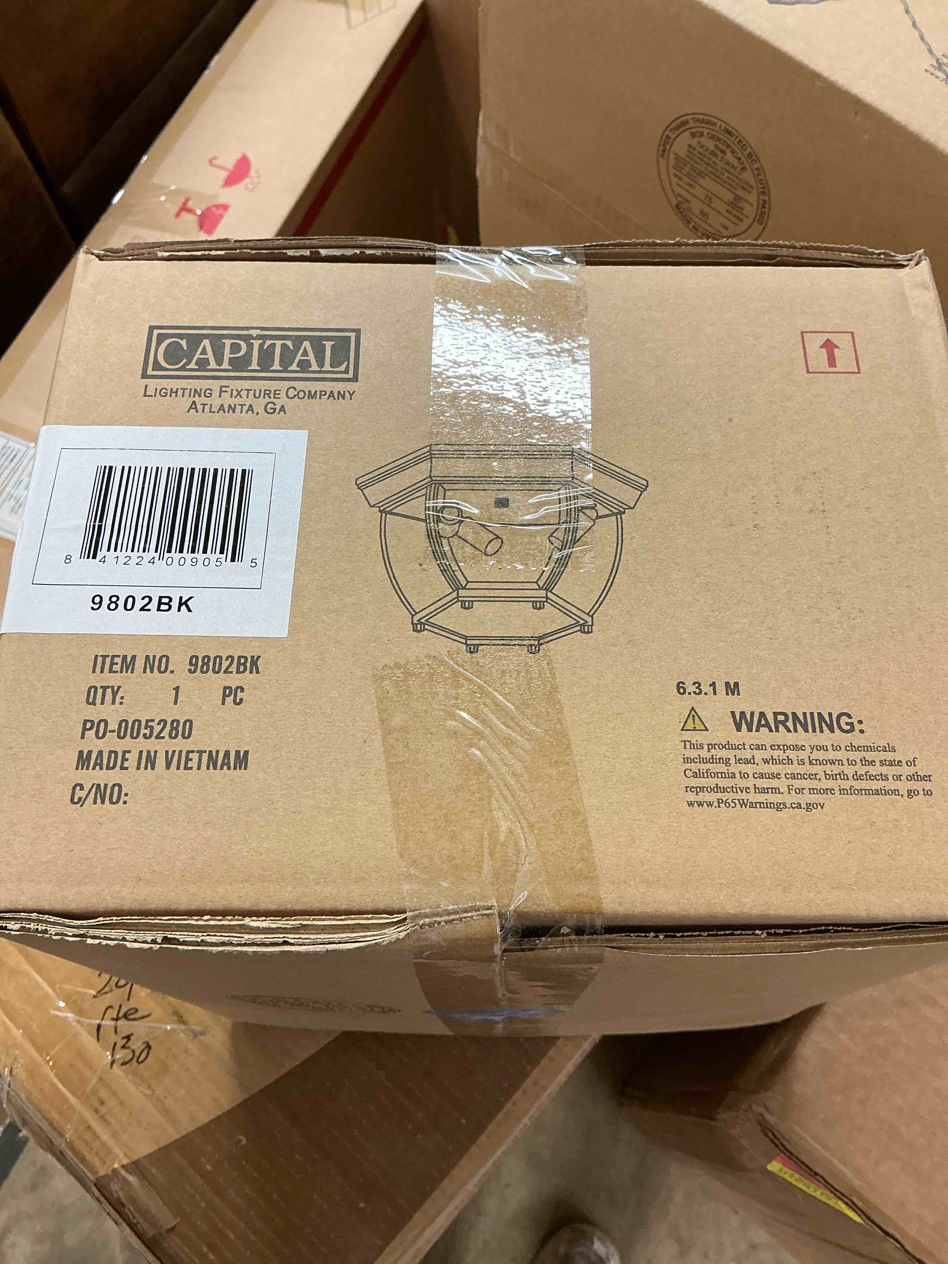 Condition photo showing New/Like New for capital lighting 9802bk urban industrial outdoor clear glass hexagonal dome flush mount, 3-light 180 total watts, 7" h x 11" w, black
