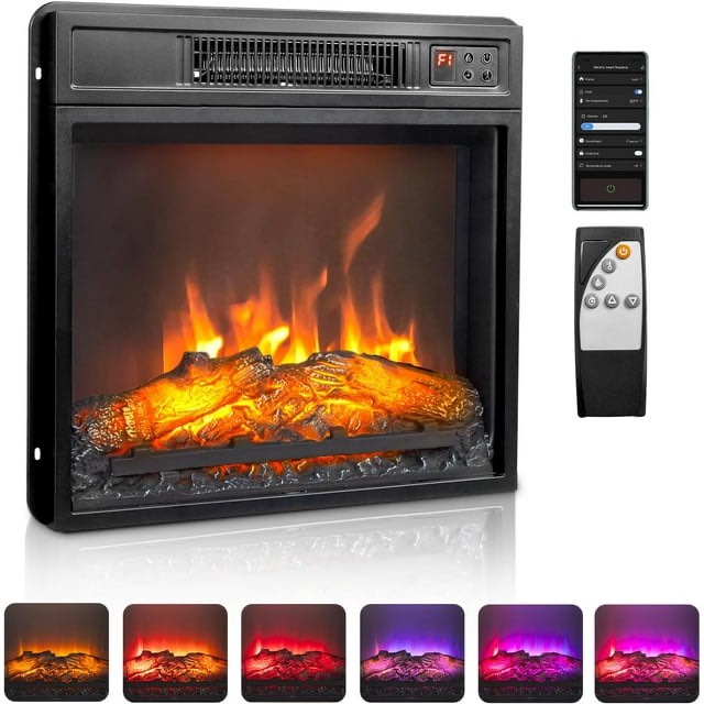 vingli 23" electric fireplace inserts with app & remote control, 1400w recessed stove heater with 8h timer, 6 flame colors, 5 brightness for indoor use, etl