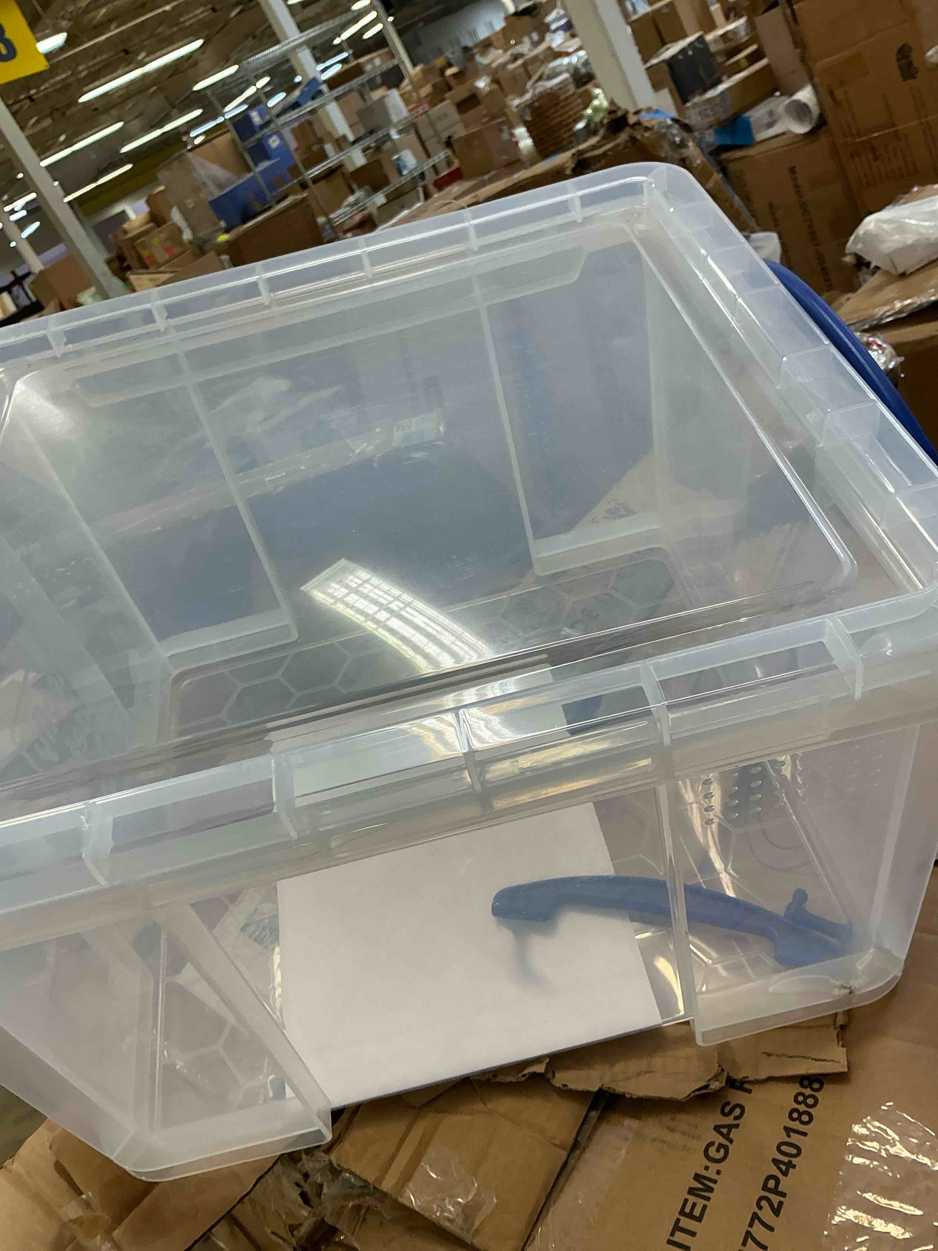 Condition photo showing As Is for really useful box® 42 liter snap lid storage bin, clear (42l cl)