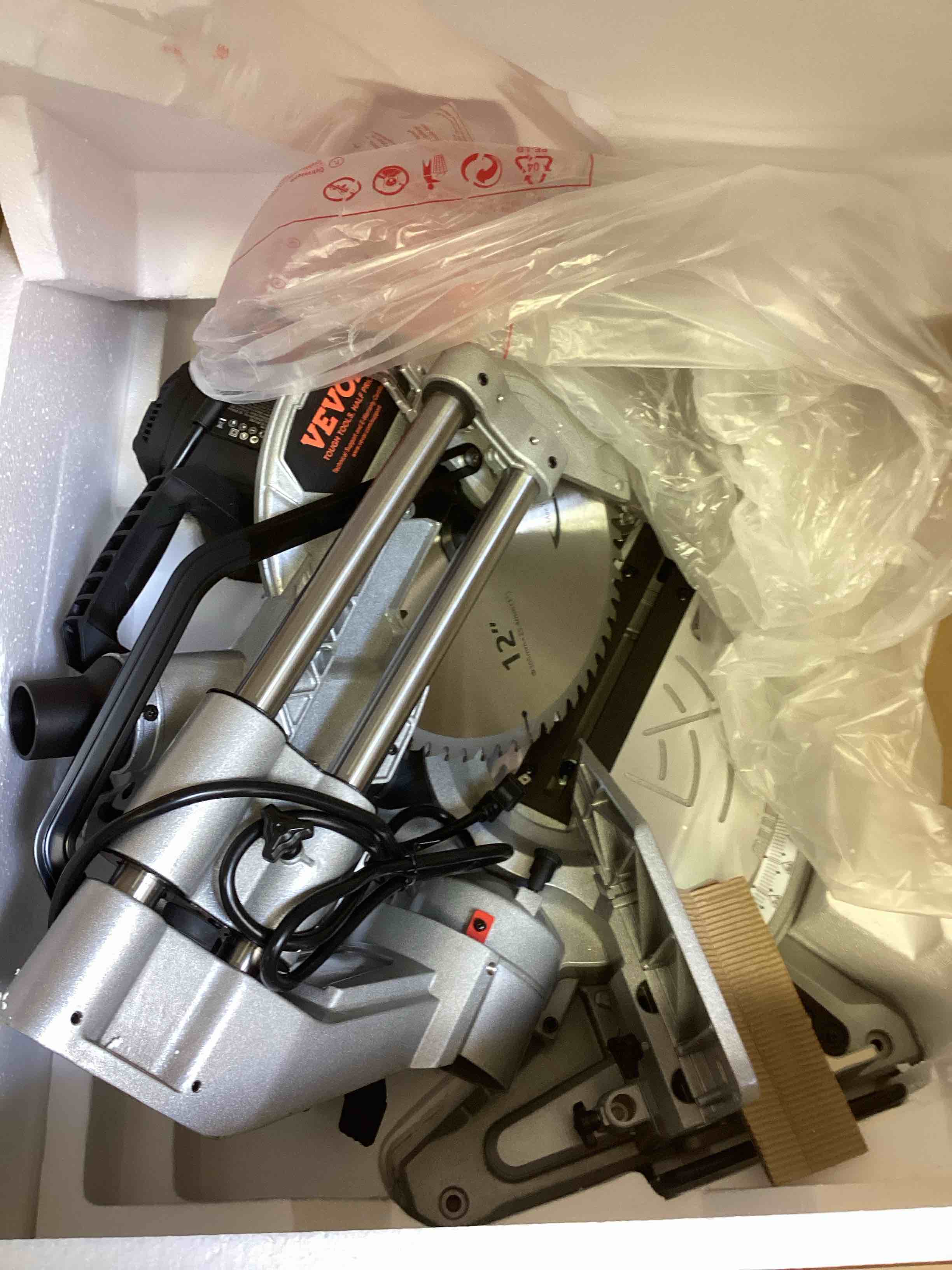 Condition photo showing Good Condition for vevor sliding compound miter saw, 12-inch blade, 15 amp motor, 60-tooth, corded double bevel sliding miter saw, led precision alignment, angle adjustable, for wood, composite decking, laminates