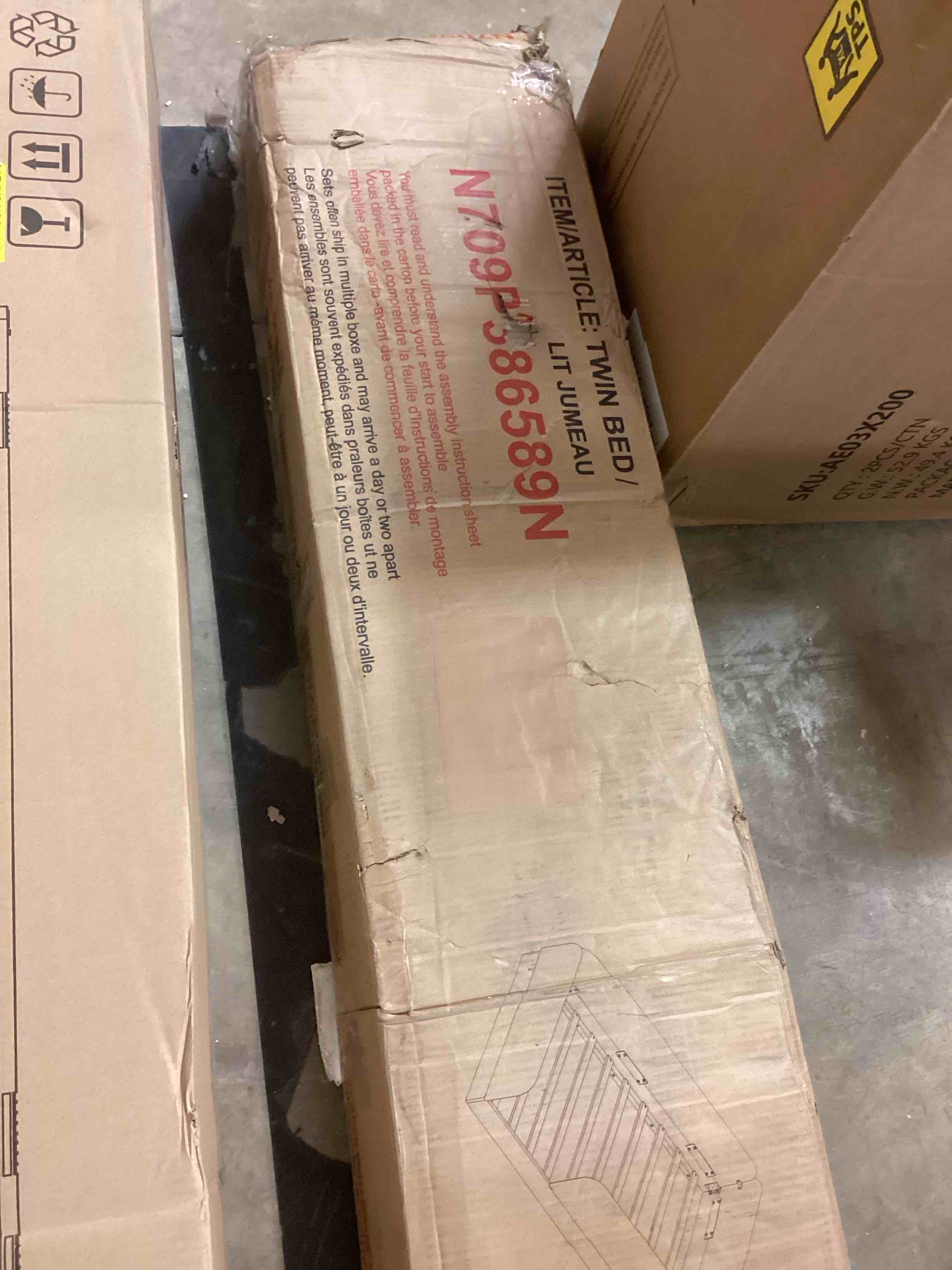 Condition photo showing Good Condition for modernluxe assembly required twin size upholstered platform bed with guardrail (incomplete one box only)