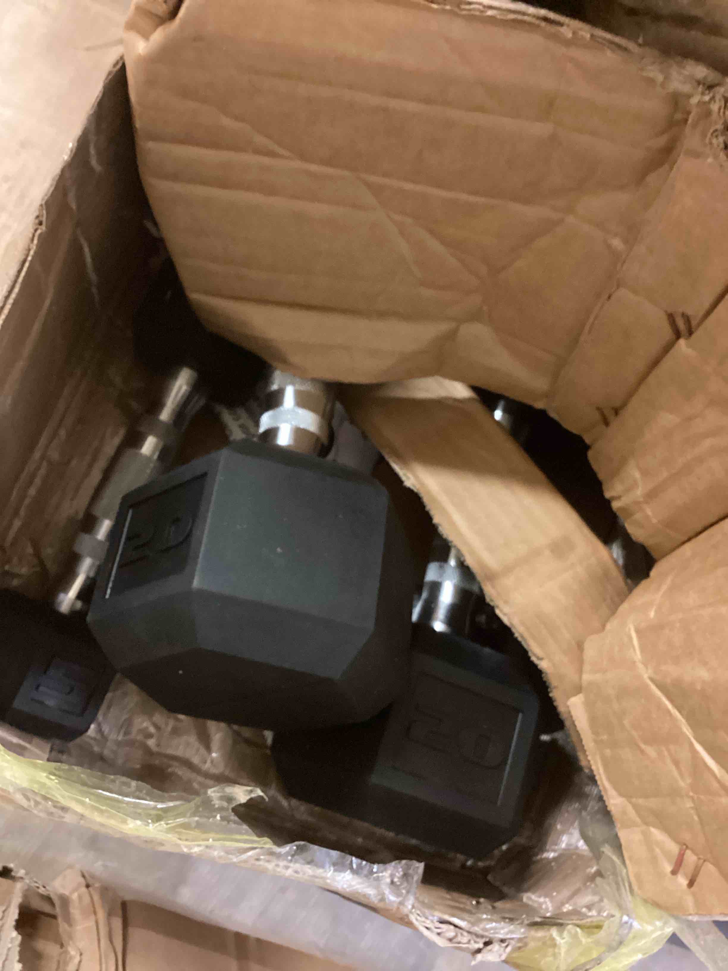Condition photo showing Good Condition for cap barbell coated dumbbell weight | multiple options pairs & sets chrome handle 50 lb - set (5 lb x 2 & 20 lb x 2)