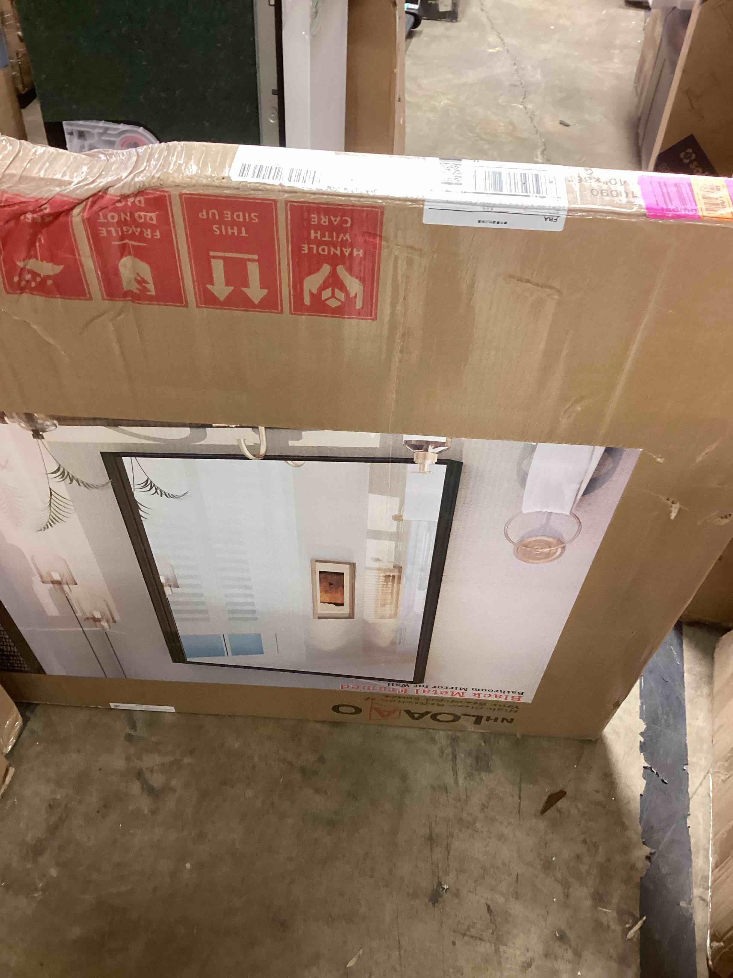 Condition photo showing New/Like New for loaao black bathroom mirror 40"x36" for wall, rectangle bathroom vanity mirror, tempered glass, hangs vertically or horizontally, easy to install, modern design matte blak 40"l x 36"w