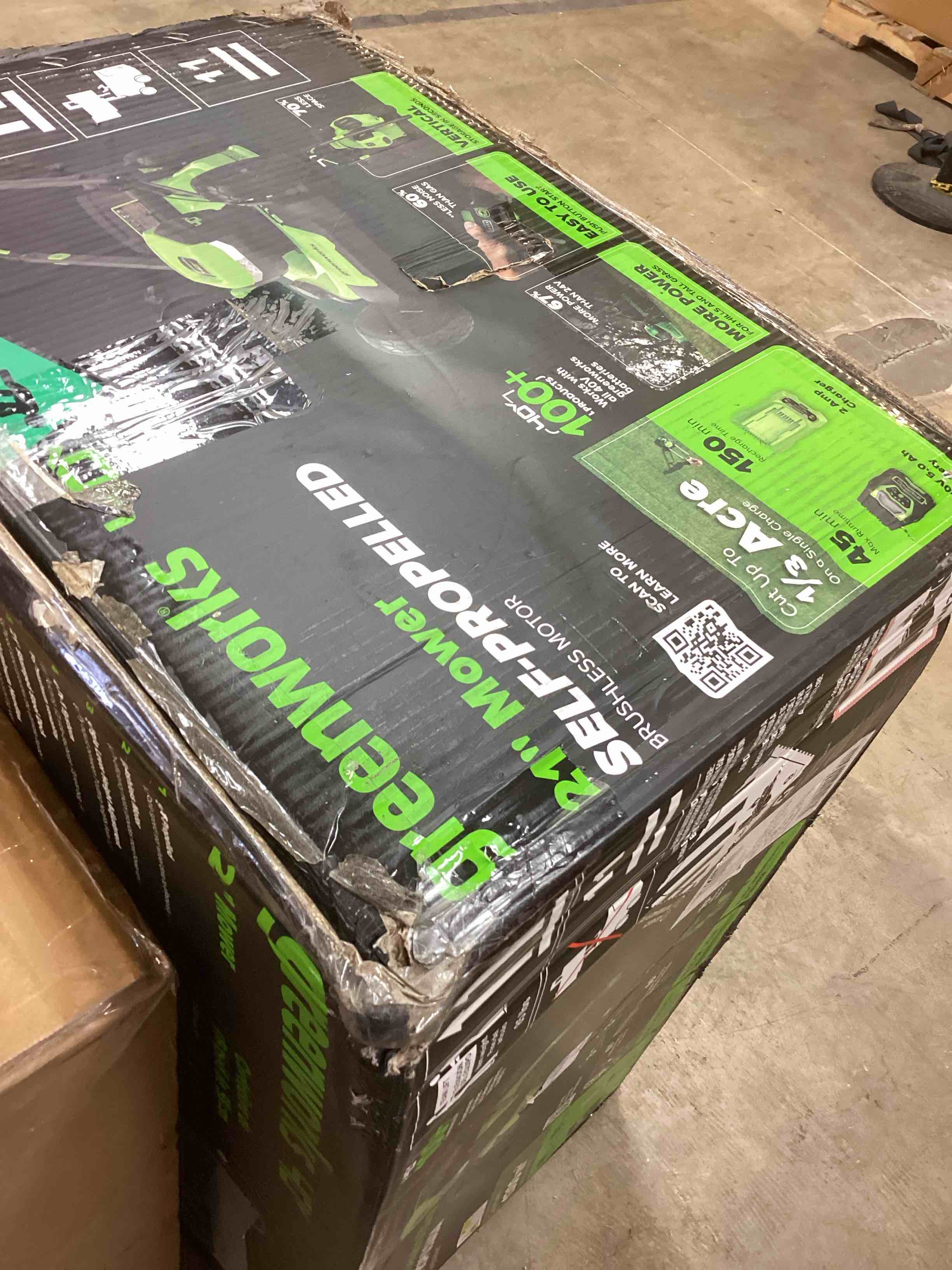 Condition photo showing As Is for greenworks 40v 21" self-propelled cordless lawn mower β brushless motor, 5.0ah battery & charger(75+ tool compatible) 21" self-propelled (5.0ah) + led lights