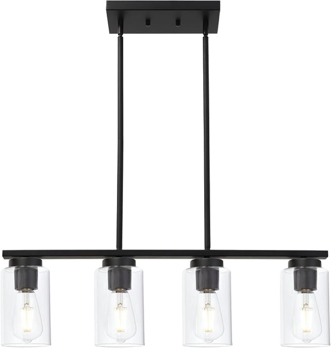 black pendant light fixtures with clear glass shades, 4-lights linar kitchen island light for farmhouse dining room kitchen pool table