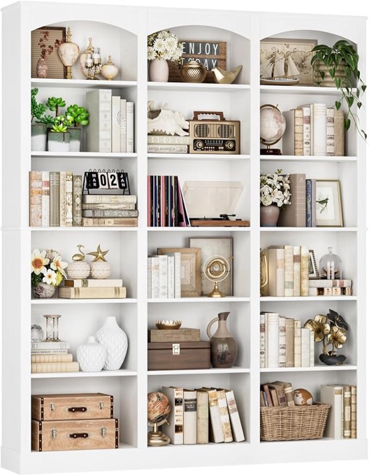 facbotall 71" triple wide bookshelf, 6 tier bookcase, large white bookshelf with curved baffle, 63.4" wide white bookcase with 18 open display shelves for living room, study, white (incomplete one box only)