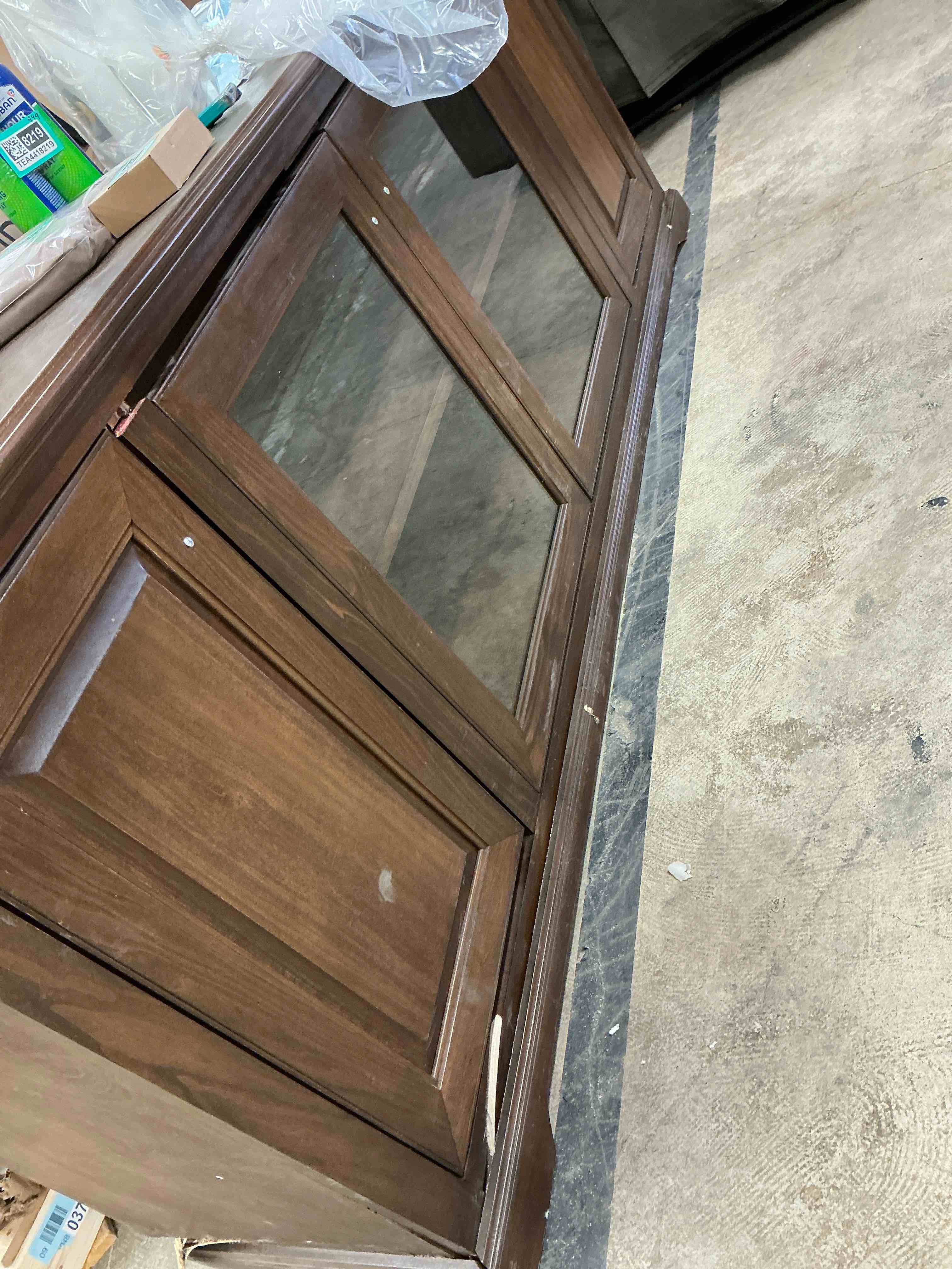 Condition photo showing As Is for leick home 81360 iverson three door tv stand for 65 inch tvs, 60 inch, chocolate cherry brown, hardwood with bronze glass, adjustable shelves, wood entertainment console, (* *damaged)