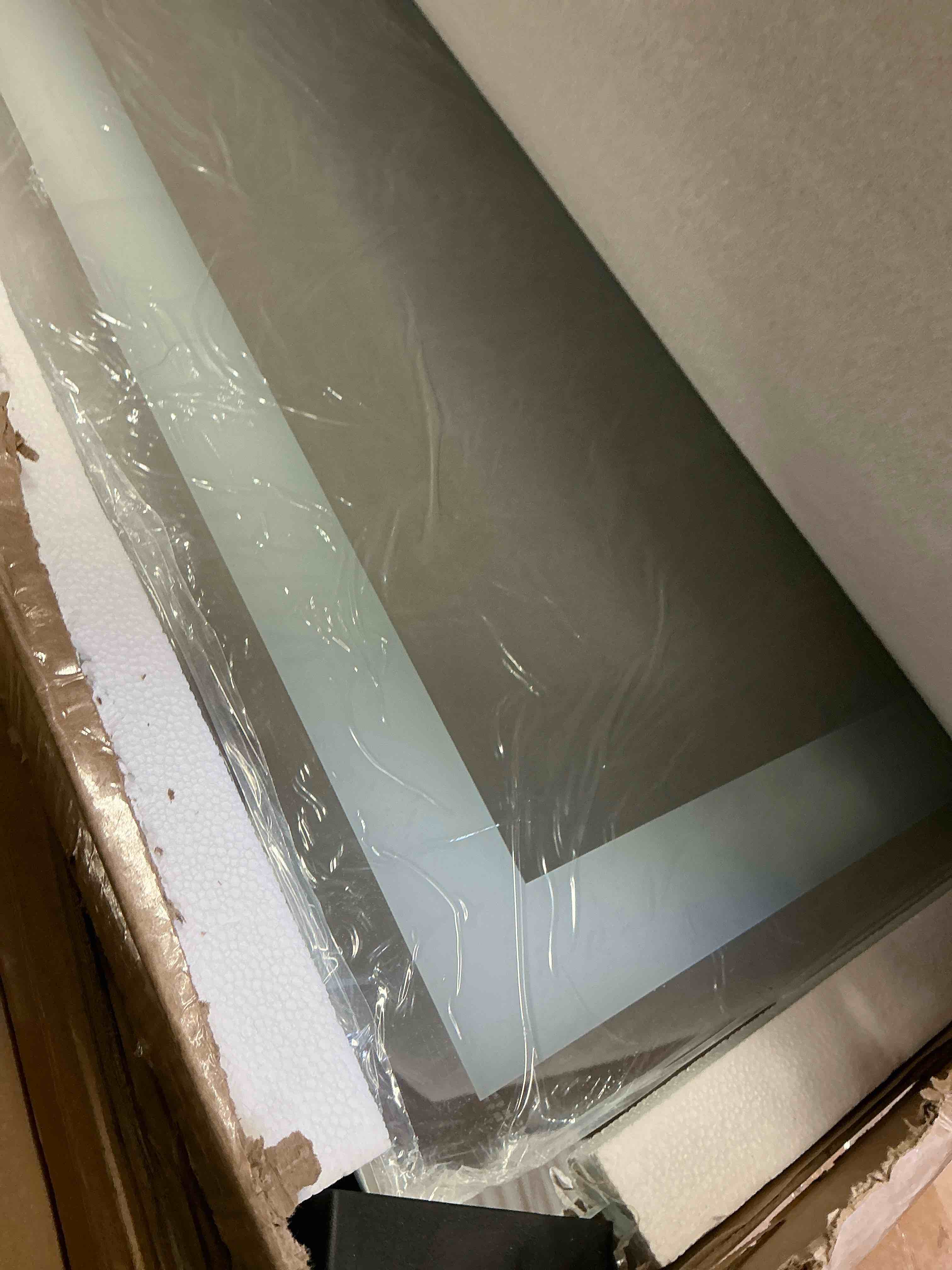 Condition photo showing New/Like New for 36in.w x 36in.h square frameless ul certified front and back led anti-fog tempered glass wall bathroom vanity mirror
