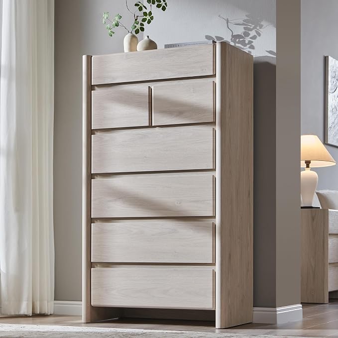 (incomplete - box #2 only) modern 7 drawers dresser for bedroom, 54.7" tall dresser-cream | large dresser & chests of drawers w/rounded corner, wood handleless organizer dresser w/natural texture for bedroom