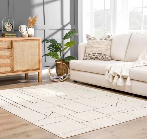 Condition photo showing As Is for (similar) hauteloom keats living room, bedroom area rug - farmhouse - high pile - rose cream