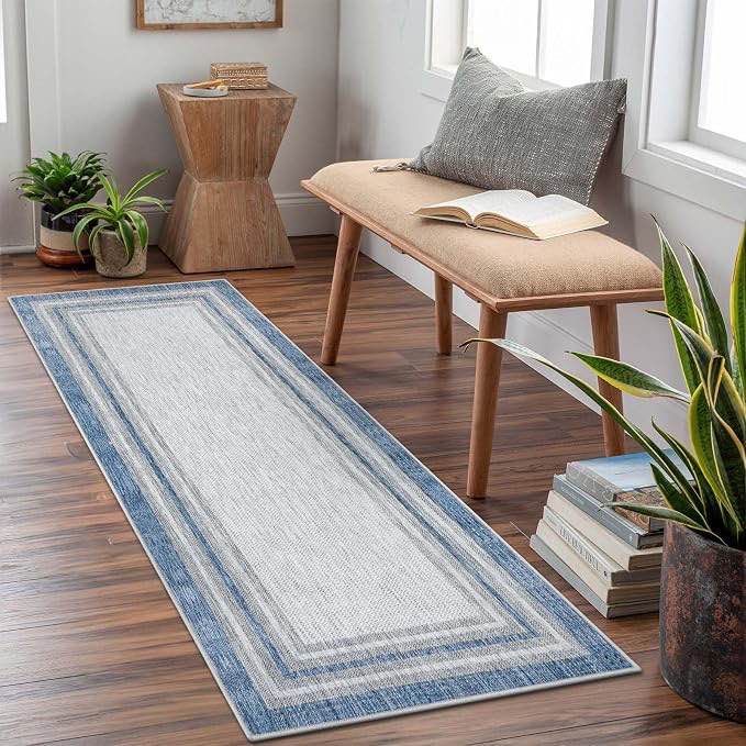 beeiva blue kitchen runner rug, 2” x 3” non slip, machine washable, non shedding, ideal for high-traffic areas