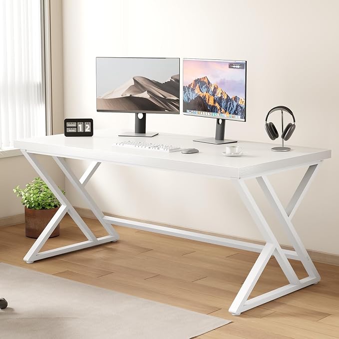 White Modern Computer Office Desk Metal & Wood Writing Desk